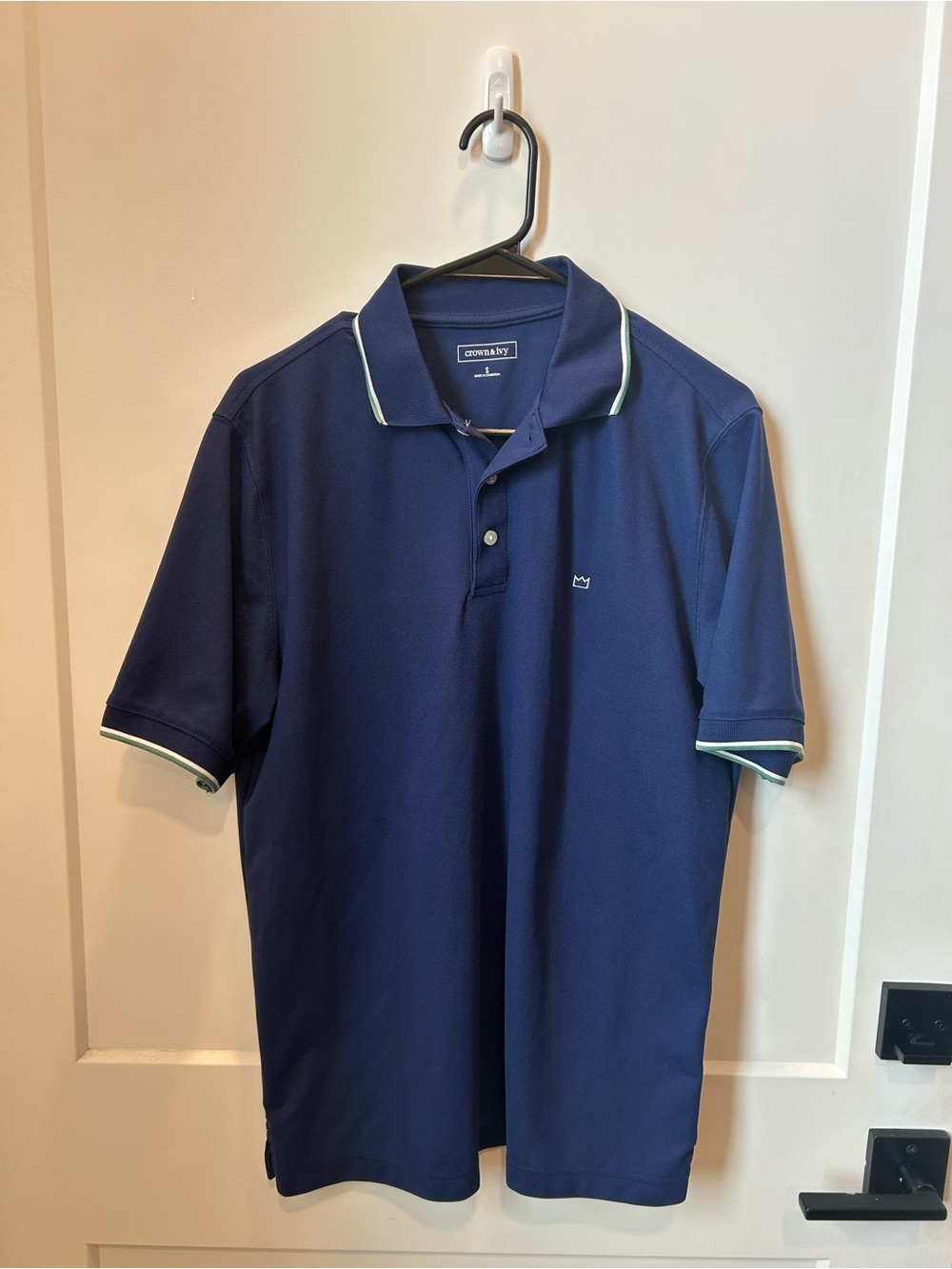 crown & ivy Men's Navy Polo with White and Green Trim